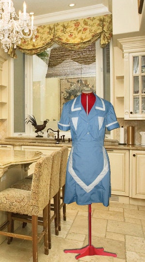 Waitress Dress Costume Halloween Uniform Maid Blue Retro Diner Dress Pinup Hostess Rockabilly Outfit
