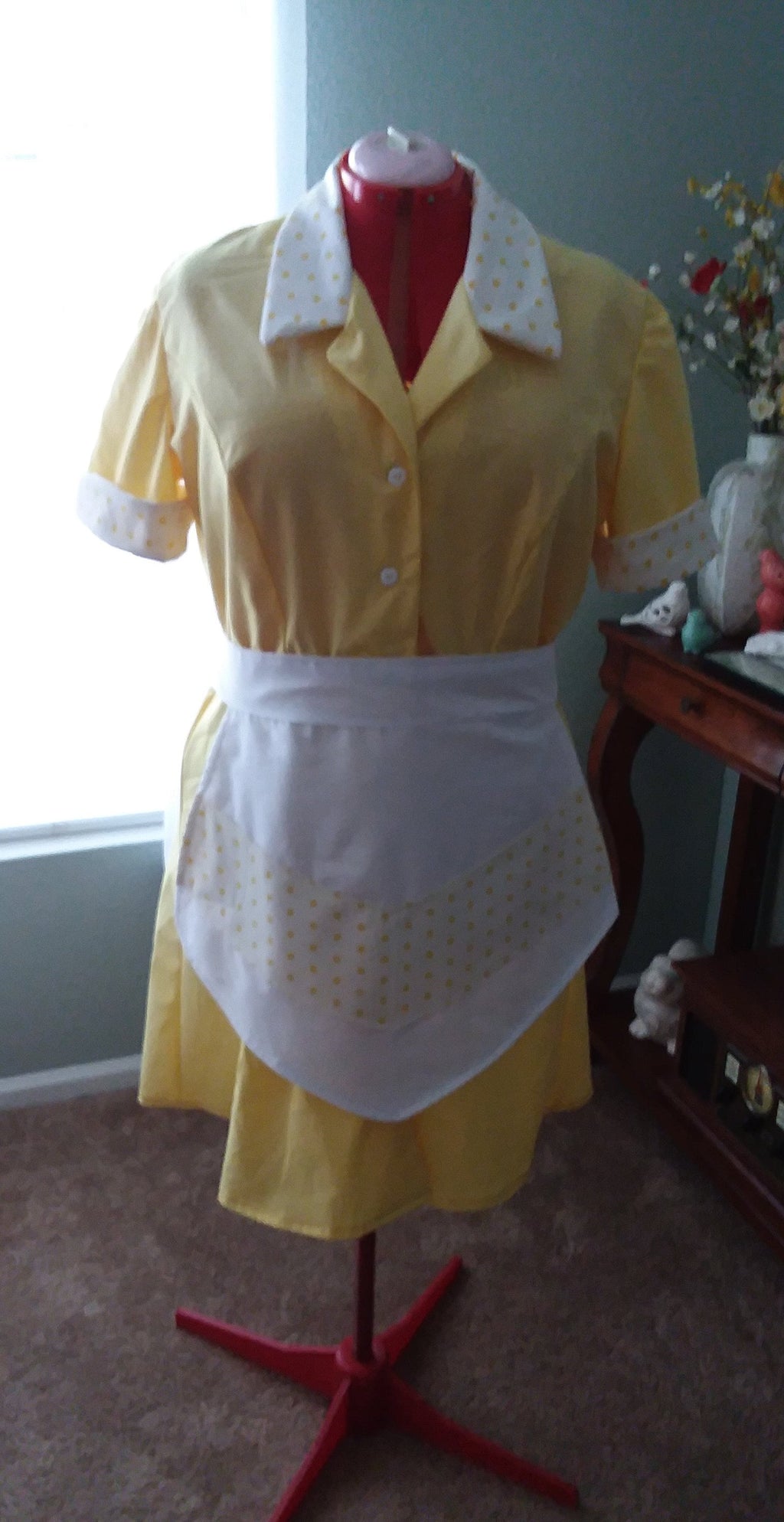 Waitress Dress Halloween Costume Uniform Polka Dot Retro Diner Dress Rockabilly Pinup Hostess Outfit