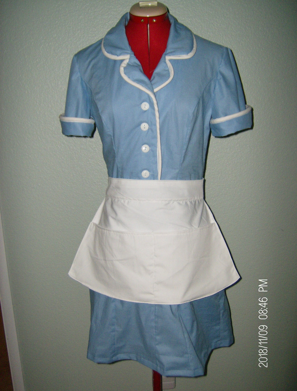 Waitress Dress Halloween Costume Uniform Blue White Diner Dress Retro Pinup Hostess Rockabilly Outfit