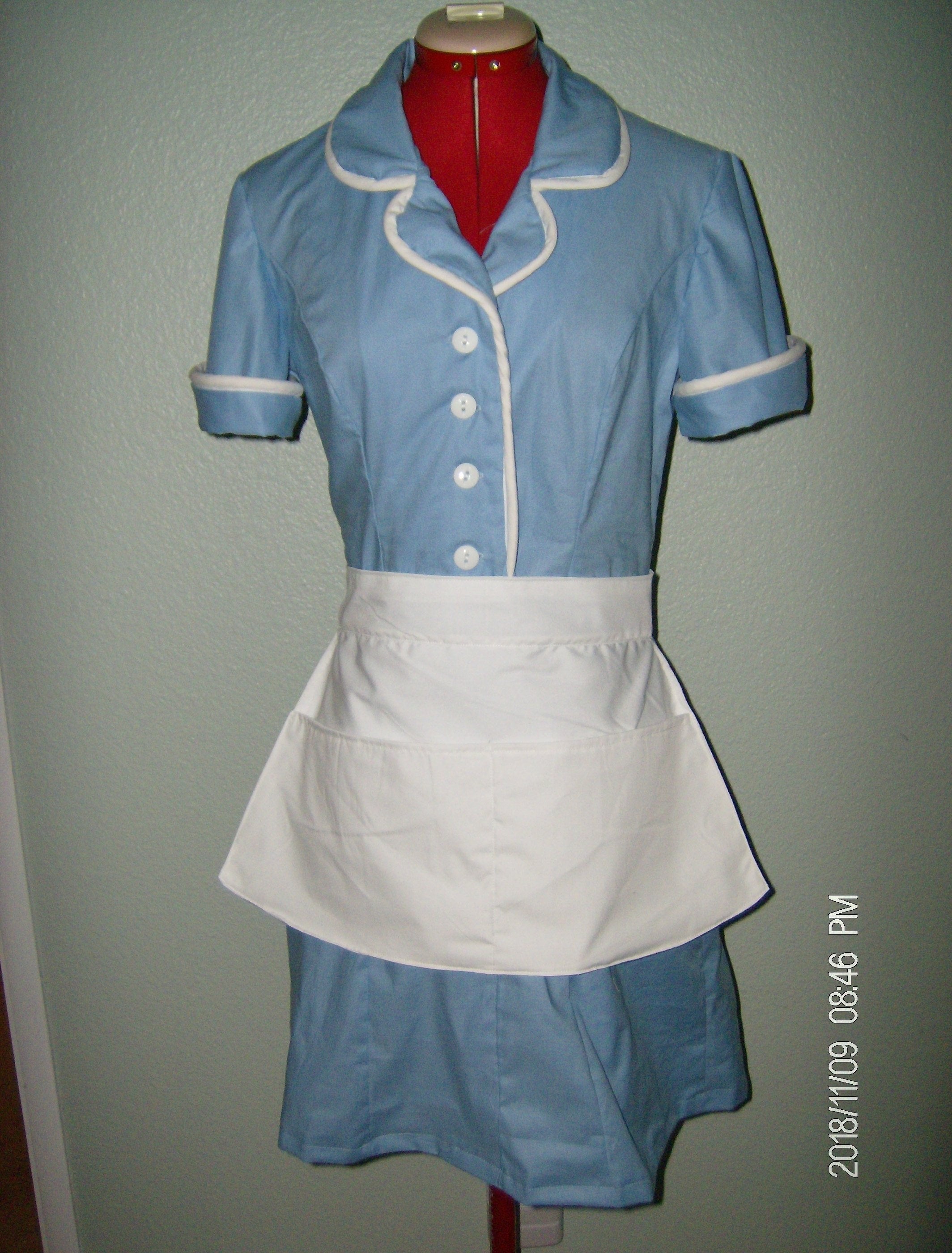 Waitress Dress Halloween Costume Uniform Blue White Diner Dress Retro Pinup Hostess Rockabilly Outfit