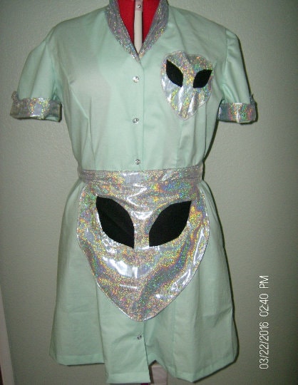 Alien Waitress Dress Costume Uniform Maid Retro UFO Diner Dress Pinup Halloween Rockabilly Outfit