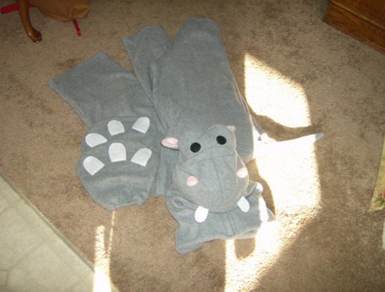 Kids Plush Hippopotamus Halloween Costume, Three-Piece Animal Bodysuit Hood Mittens