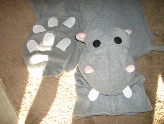 Plush Hippo Halloween Costume, Three-Piece Animal Suit, Detached Hood Bodysuit Mittens
