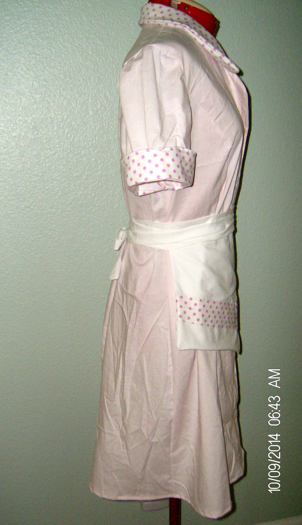 Pink Polka Dot Waitress Dress Costume: Retro Diner Uniform, Hostess Outfit