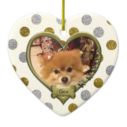 Pet Memorial Heart Ornament, Cat Dog Loss Keepsake, Gold Silver Polka Dot CeramicPersonalized