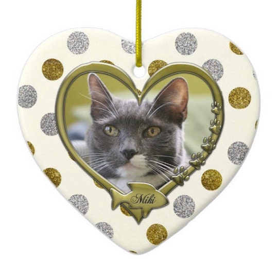 Pet Memorial Heart Ornament, Cat Dog Loss Keepsake, Gold Silver Polka Dot CeramicPersonalized