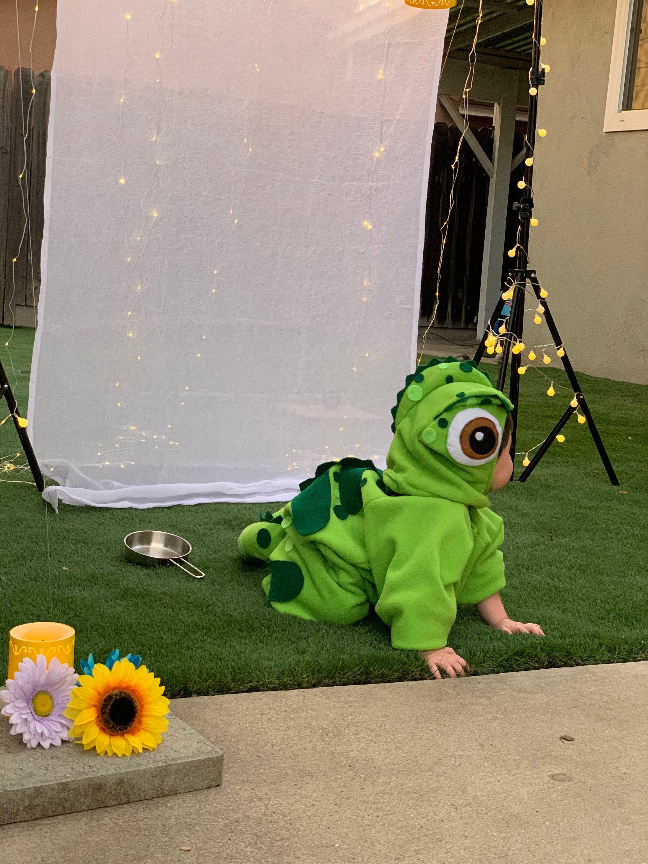 Green Fleece Pascal Chameleon Costume: 2-Piece Bodysuit & Hood, Halloween Outfit