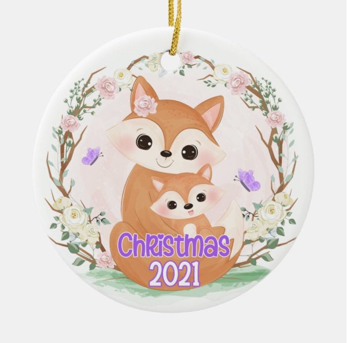 Fox Mother Baby Ornament, Woodland Watercolor Ceramic Keepsake, Personalized Christmas GiftPersonalized