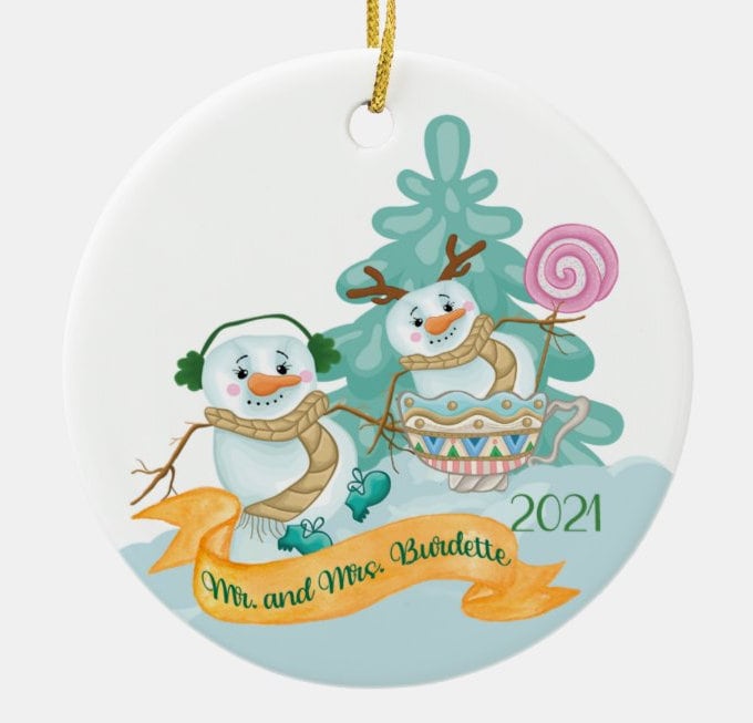 Teacup Snowman Ornament, Whimsical Winter Holiday Ceramic KeepsakePersonalized