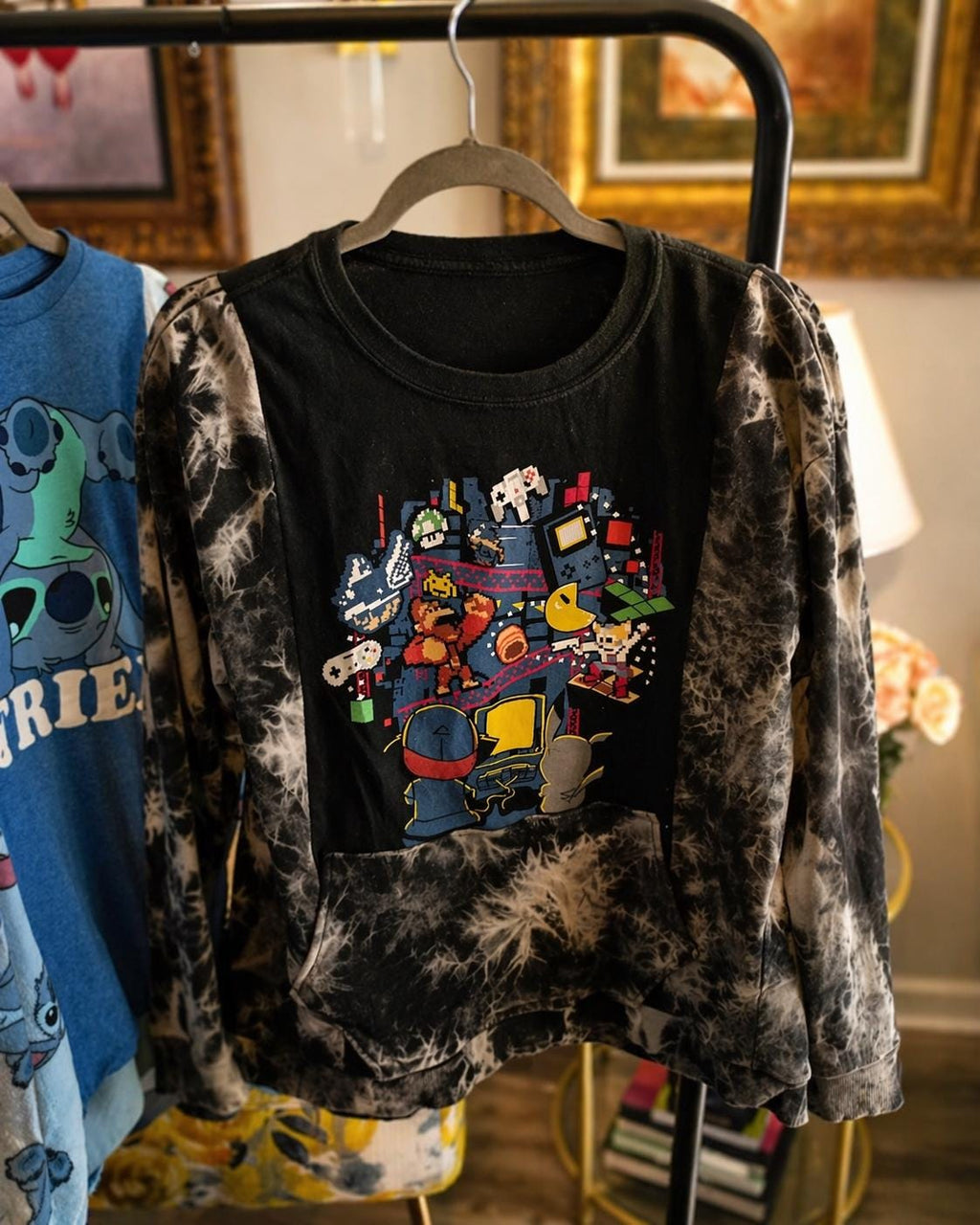 Upcycled 80s Gaming Sweatshirt – Pikachu, Donkey Kong, Pac-Man Mashup Tie Dye Hoodie