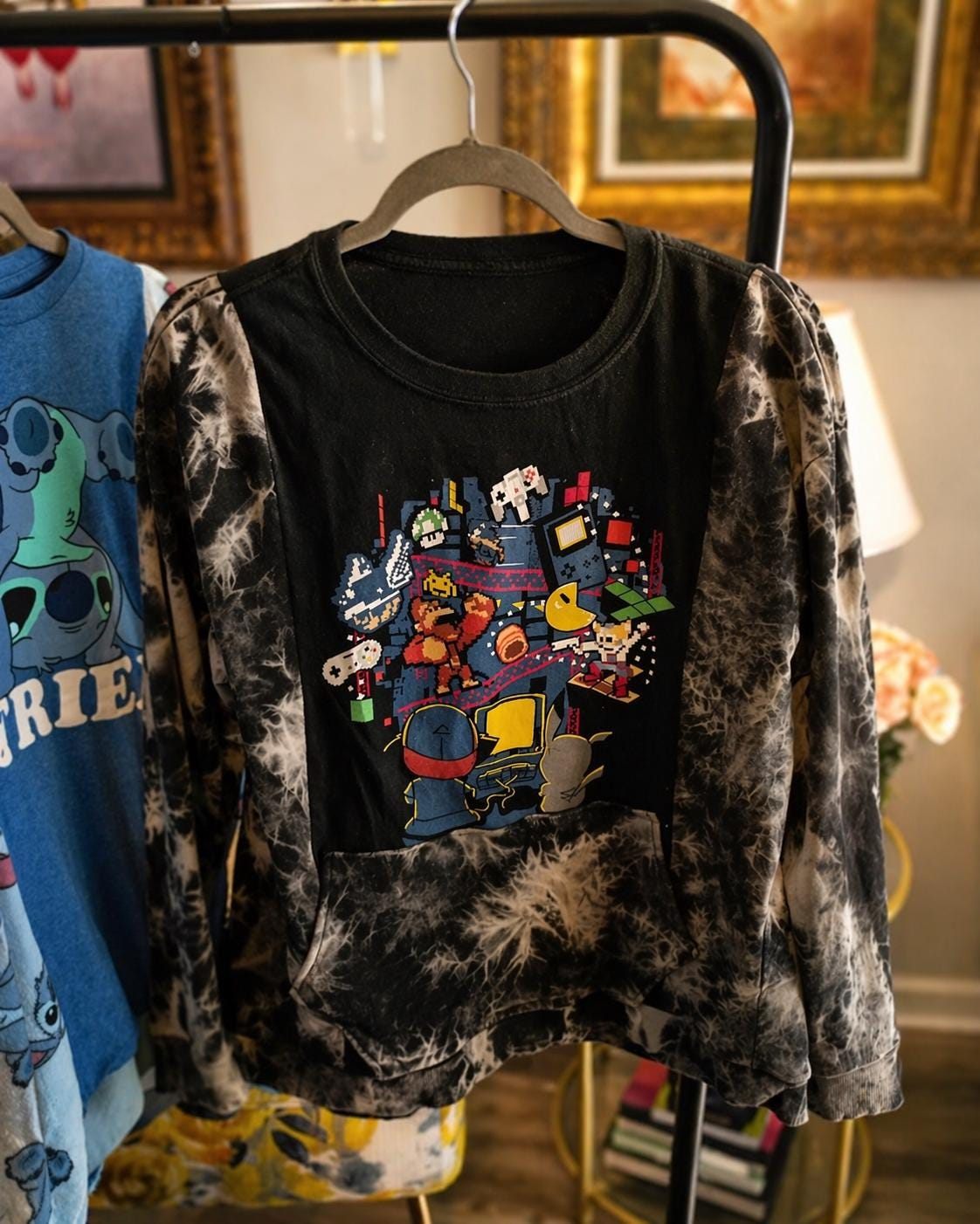Upcycled 80s Gaming Sweatshirt – Pikachu, Donkey Kong, Pac-Man Mashup Tie Dye Hoodie