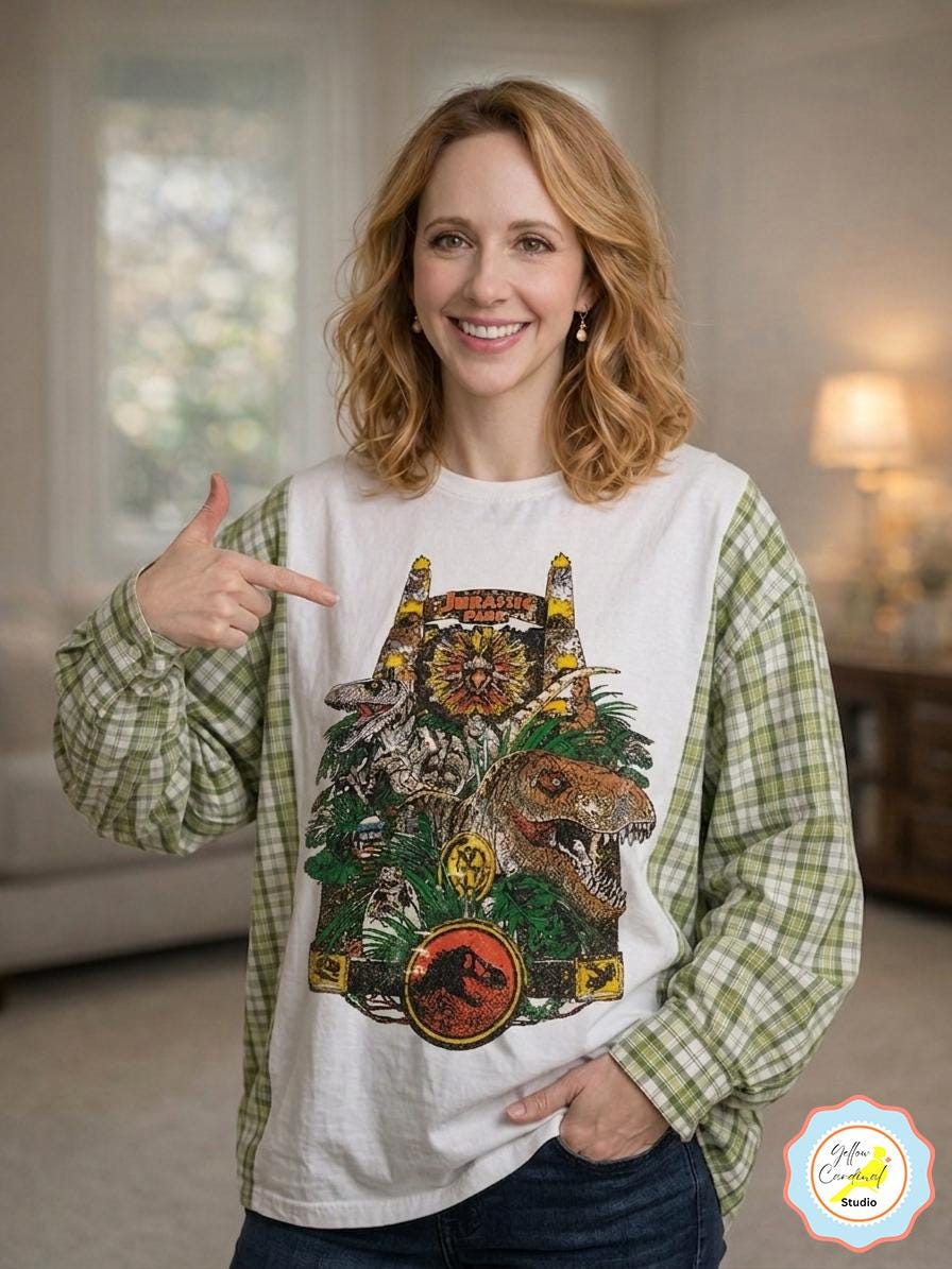 Upcycled Jurassic Park Long Sleeve Shirt – Retro 90s Dinosaur Graphic Tee