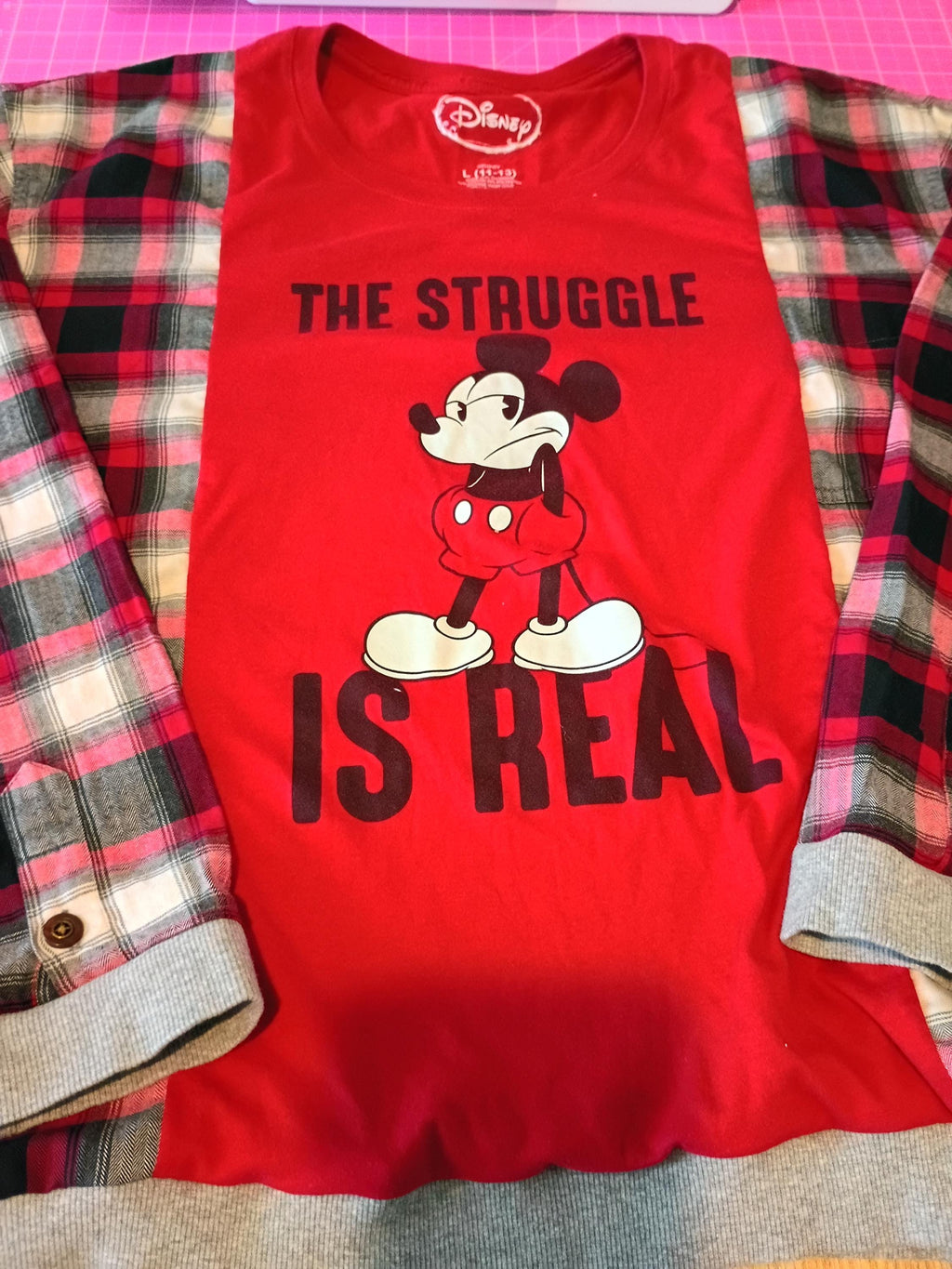 Red Mickey Mouse Flannel Shirt – Upcycled Bleached Graphic Top (2XL)
