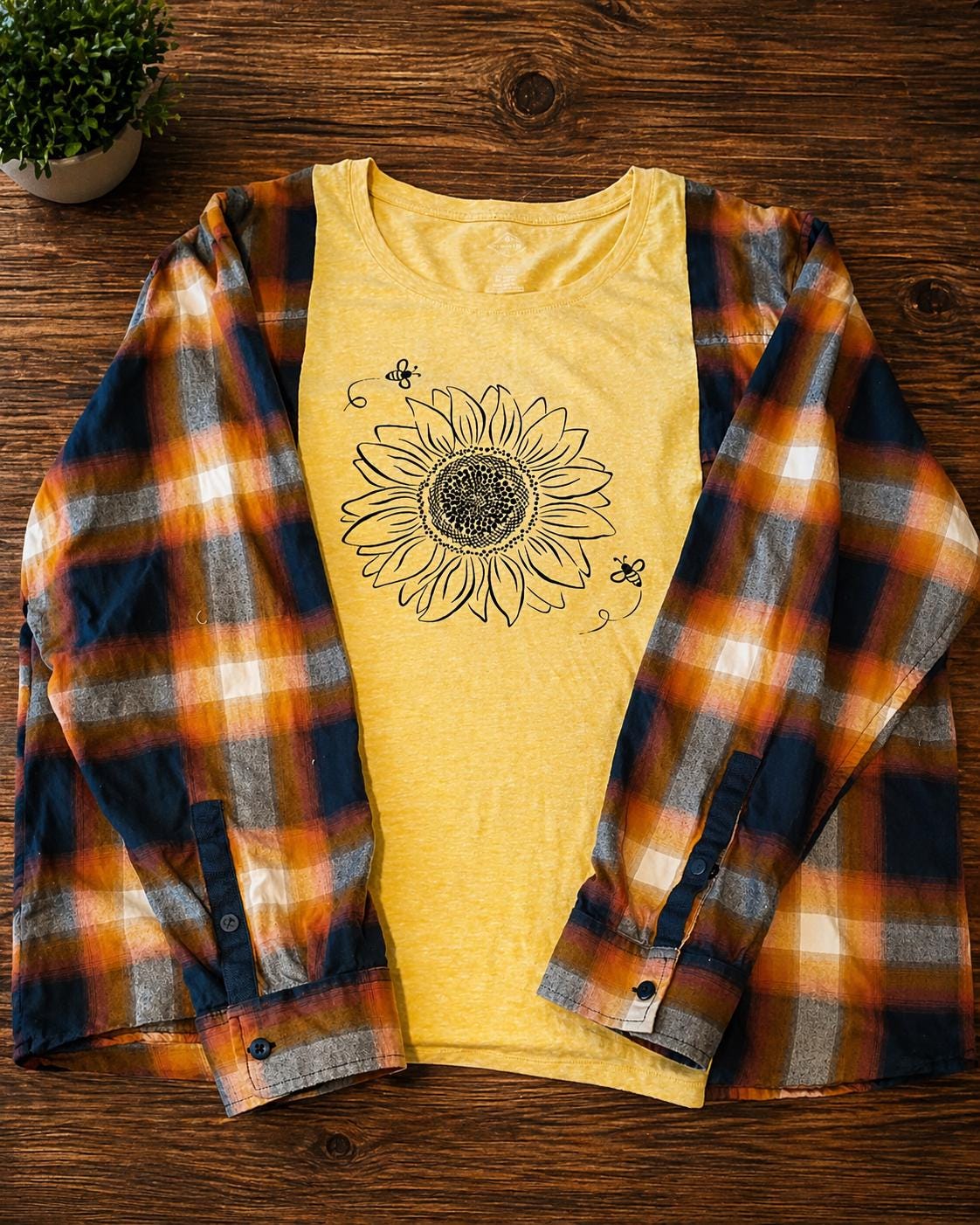 Upcycled Sunflower Flannel Shirt – Boho Bleached Plaid Top (2XL)