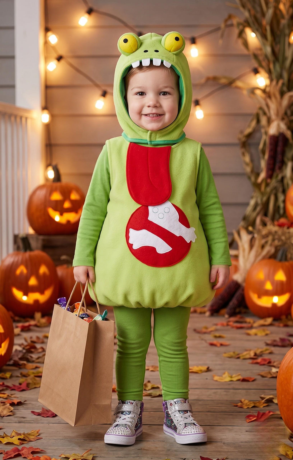Kids Slimer Ghost Buster Halloween Costume, Fleece Jumpsuit Outfit