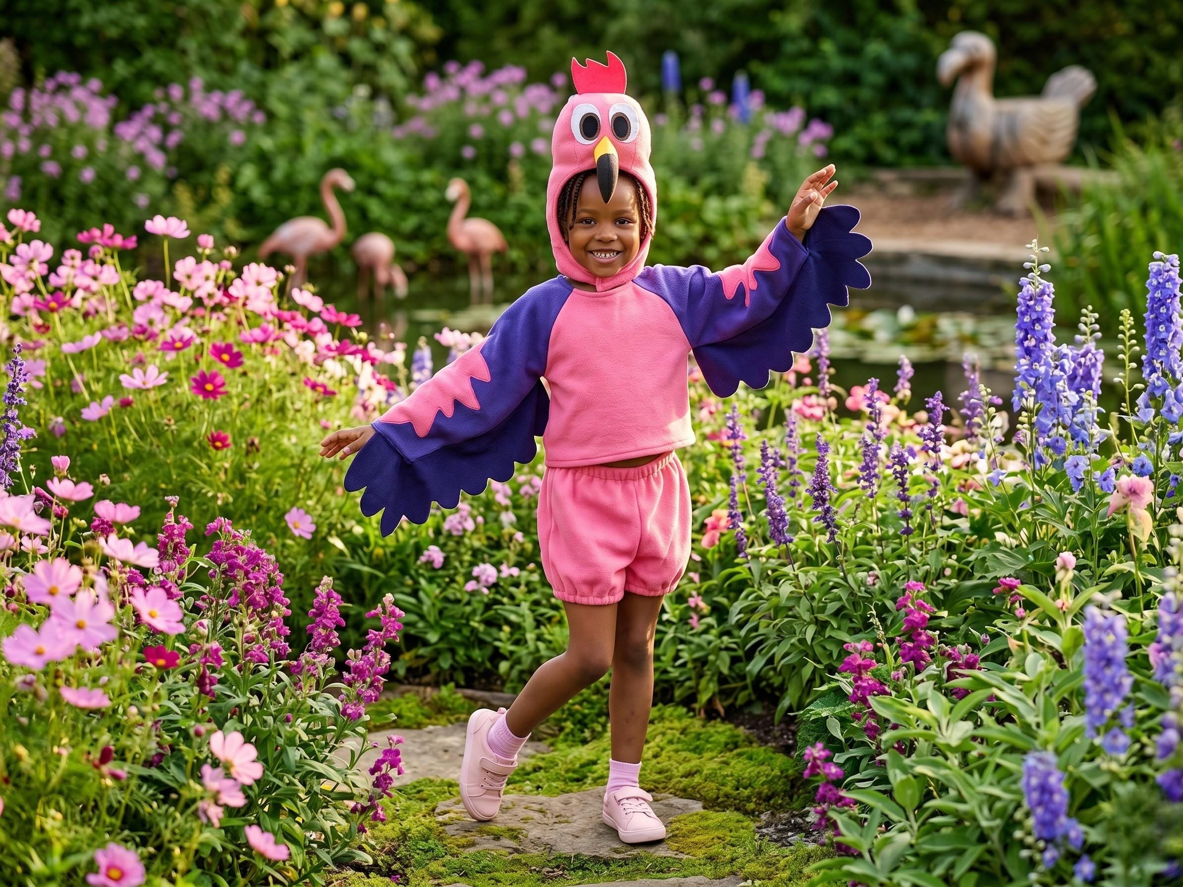 Kids Flamingo Halloween Costume, Pink Tropical Bird Outfit, Hooded Wings