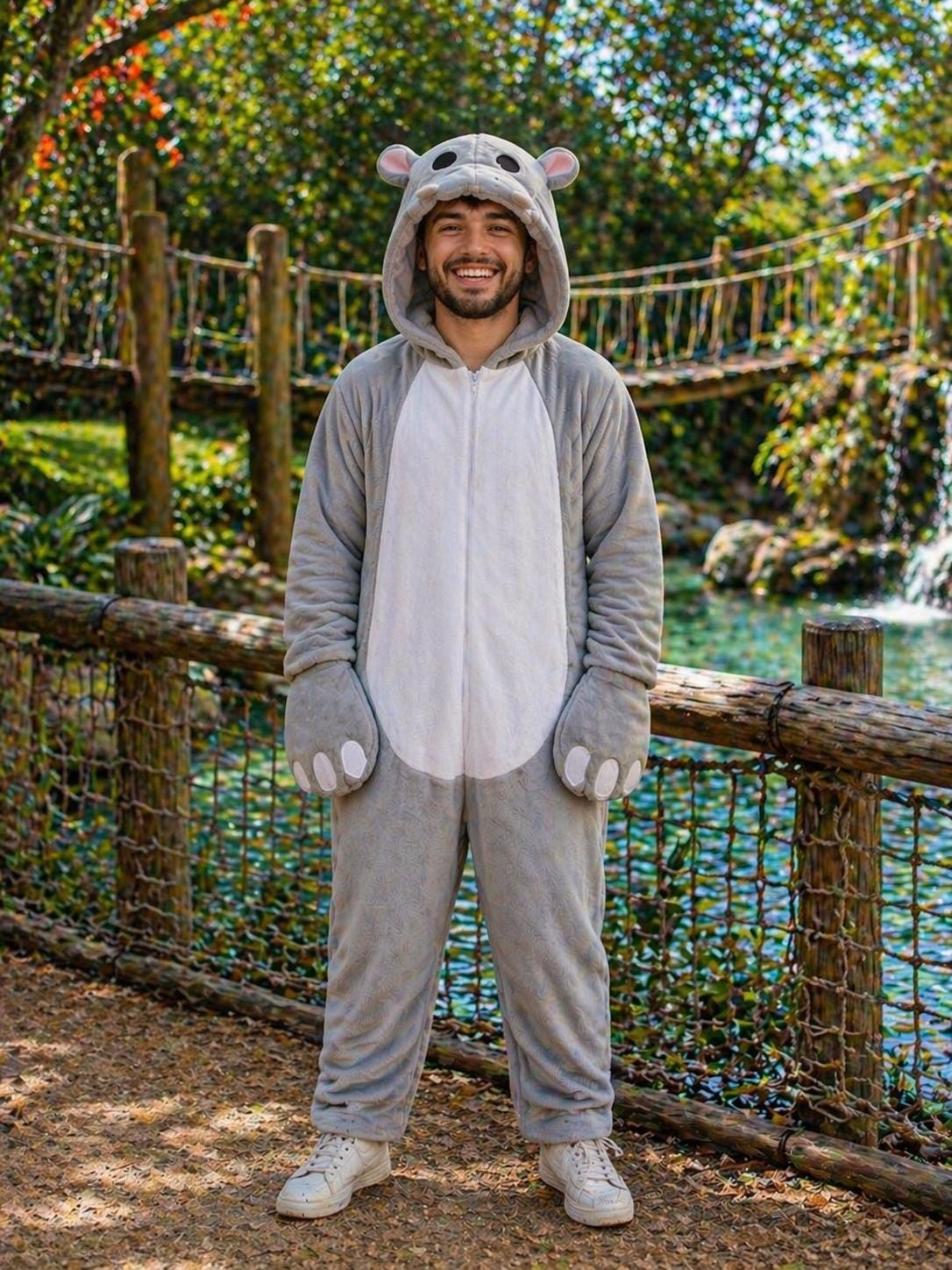 Plush Hippo Halloween Costume, Three-Piece Animal Suit, Detached Hood Bodysuit Mittens