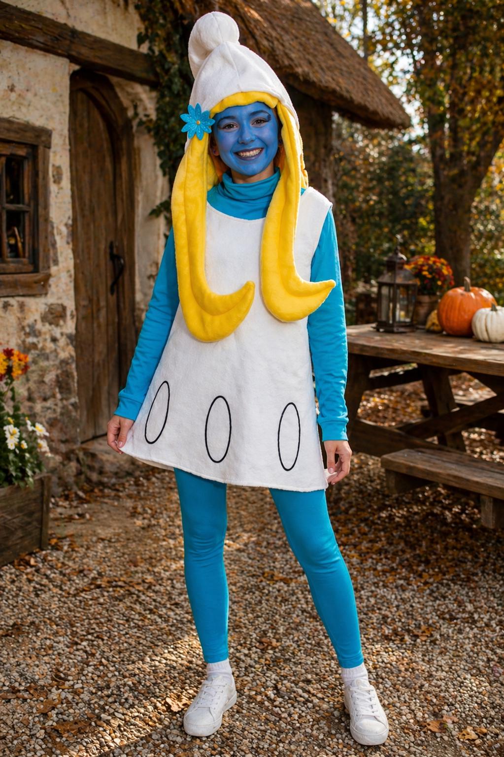 Women's Size Full Smurfette Halloween Costume, Women's Blue Character Costume, Fantasy Halloween Costume, Cartoon-Inspired Cosplay