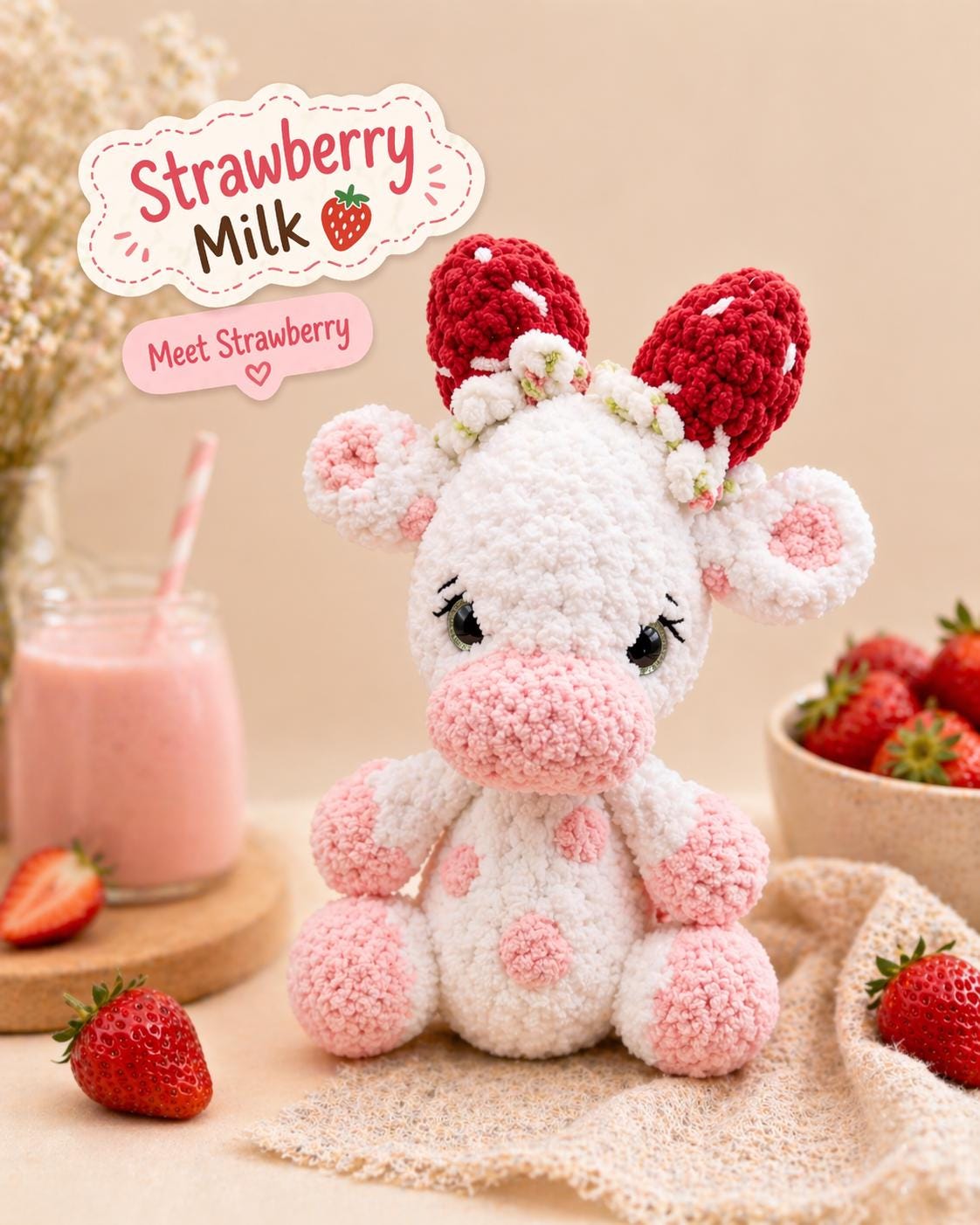 Crochet Strawberry Cow Plushie, Chunky Yarn Stuffed Animal, Cottagecore Decor Toy