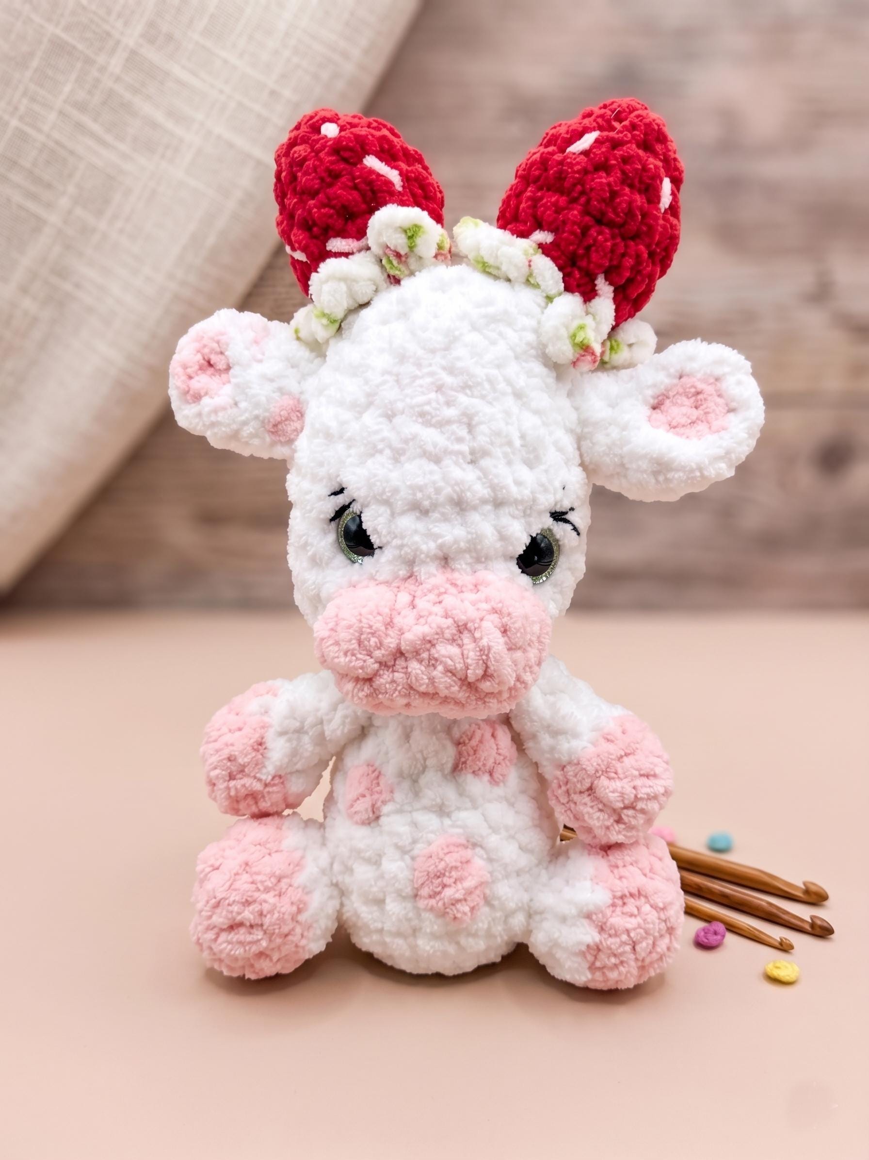 Crochet Strawberry Cow Plushie, Chunky Yarn Stuffed Animal, Cottagecore Decor Toy