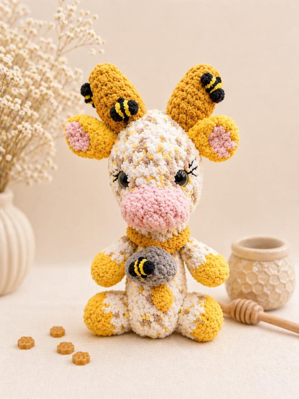 Crochet Honey Bee Cow Plushie, Chunky Yarn Stuffed Animal, Bumblebee Nursery Decor