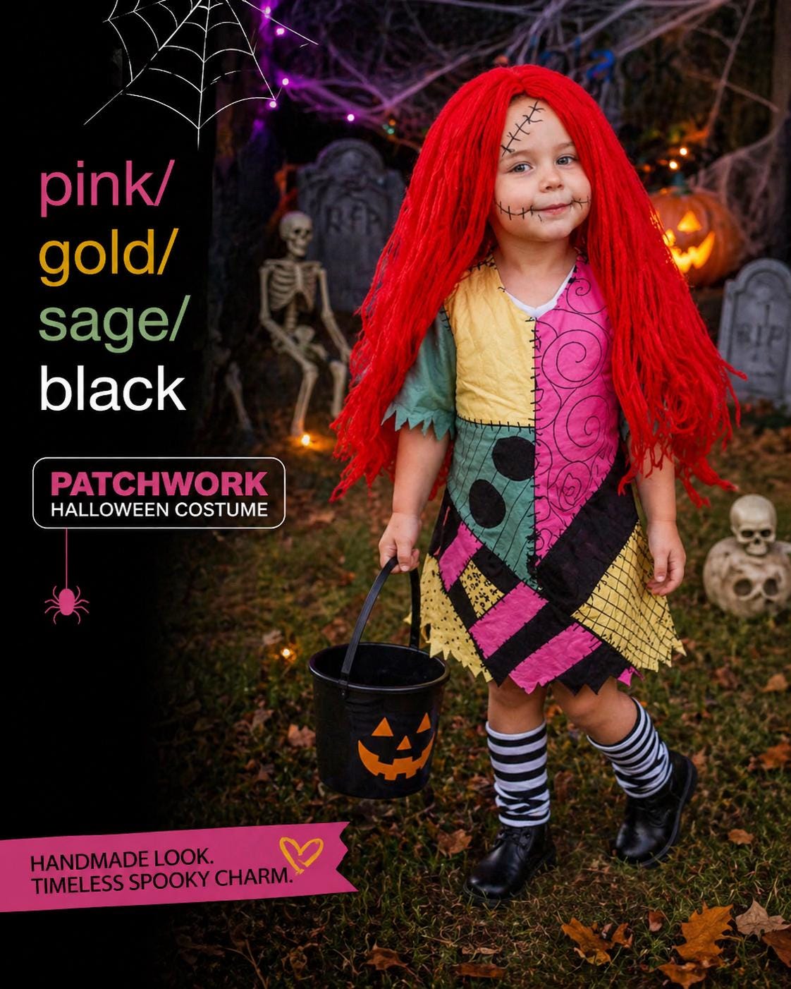 Sally Stitches Halloween Costume Dress Toddler Rag Doll Costume, Patchwork Girl Outfit, Spooky Cute Halloween Costume, Nightmare Dress