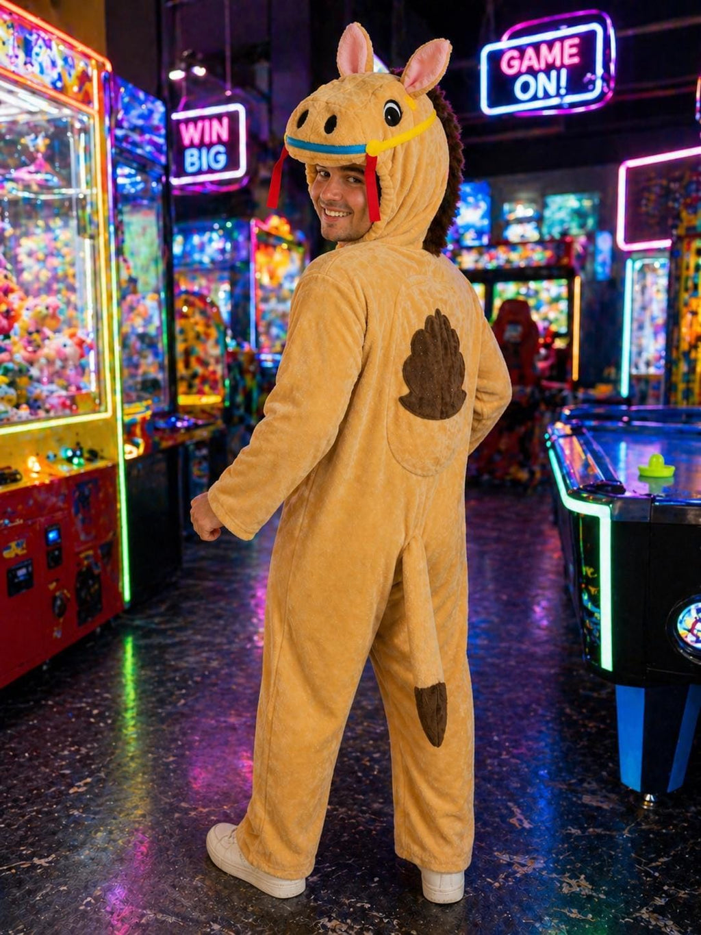 Unisex Camel Fleece Costume, Two-Piece Hooded Bodysuit, Desert Animal Halloween Outfit