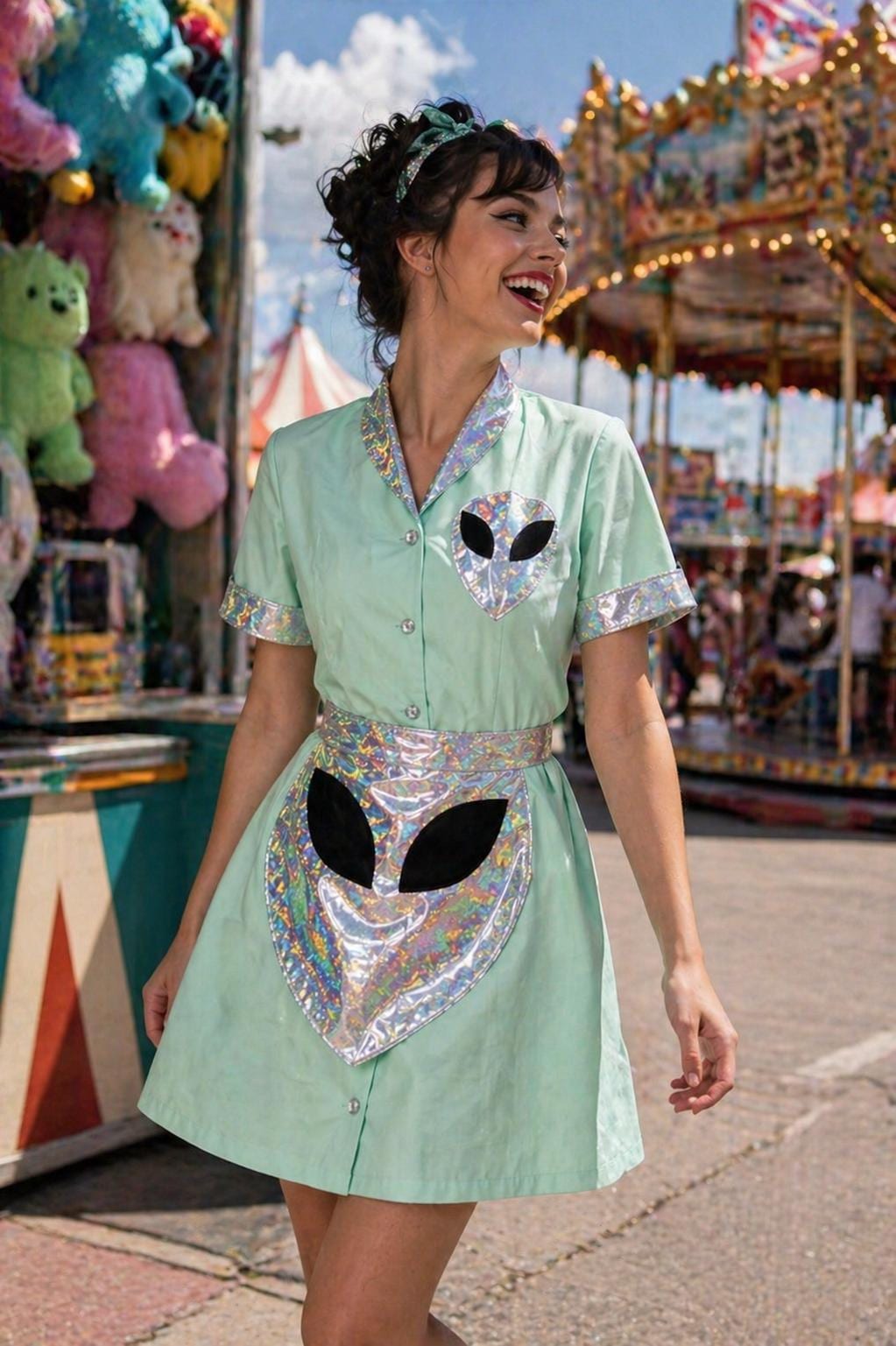 Alien Waitress Dress Costume Uniform Maid Retro UFO Diner Dress Pinup Halloween Rockabilly Outfit