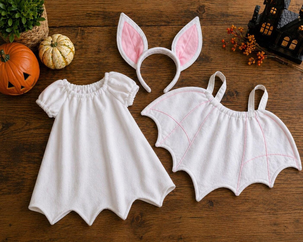 Girls White Bat Halloween Costume Dress, Fleece Wings, Ears Headband