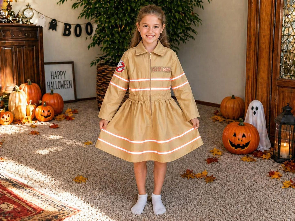 Girls Ghostbuster Costume Dress, Movie-Inspired Halloween Outfit, Tan Jumpsuit Style