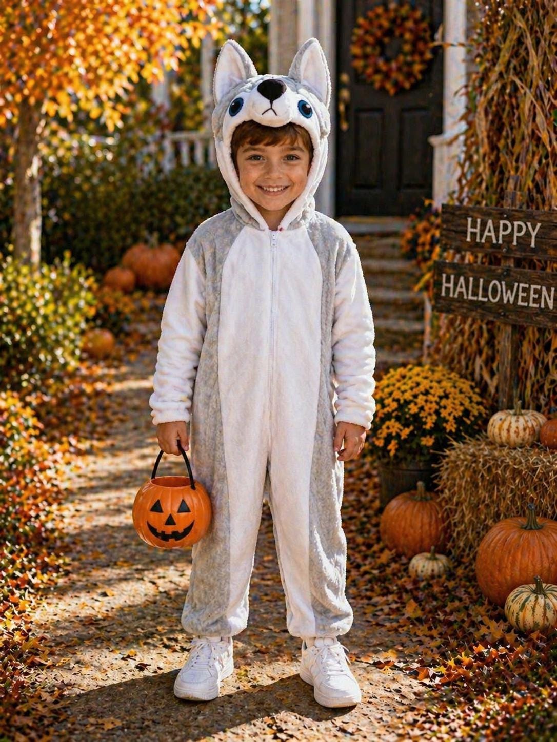 Custom Husky Dog Fleece Costume for Kids, Halloween Pet Cosplay Outfit