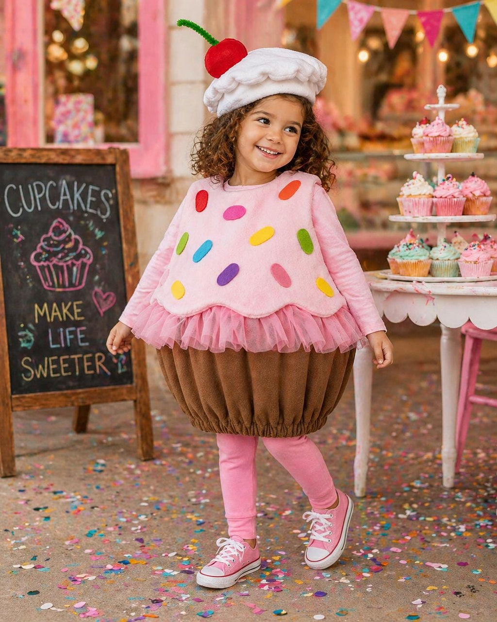 Kids Cupcake Costume with Cherry Hat, Pink Sprinkles Birthday Outfit for Toddlers and Girls, Sweet Treats Halloween Costume, Bakery Dress Up