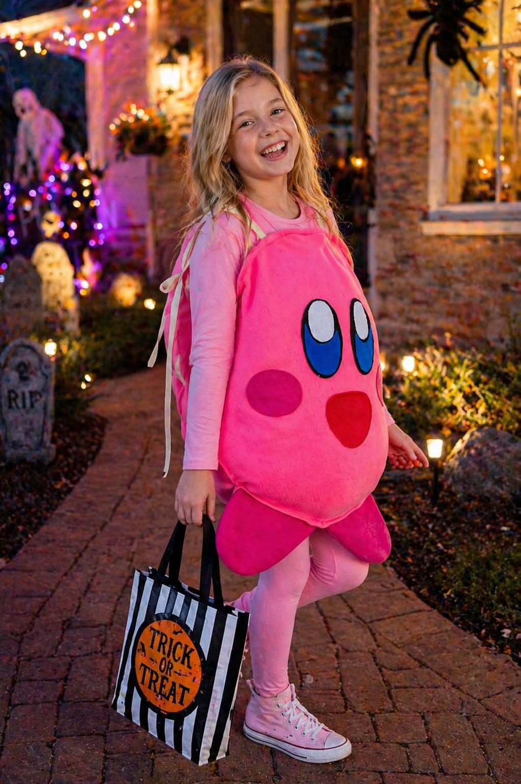 Kirby Costume with Star Boots, Pink Star Warrior for Men, Women, Toddlers, and Children, Plush Felt Face, Nintendo Game Cosplay