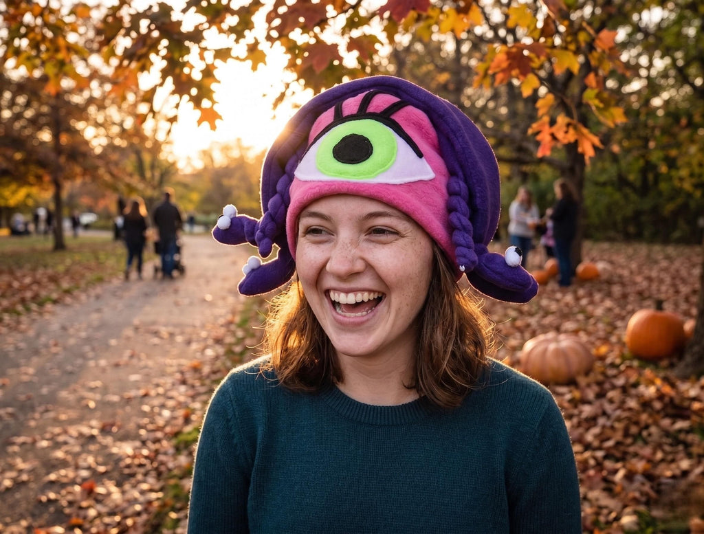 Celia One-Eyed Monster Hat, Pink Applique Eye, Stuffed Snakes, Halloween Cosplay Costume