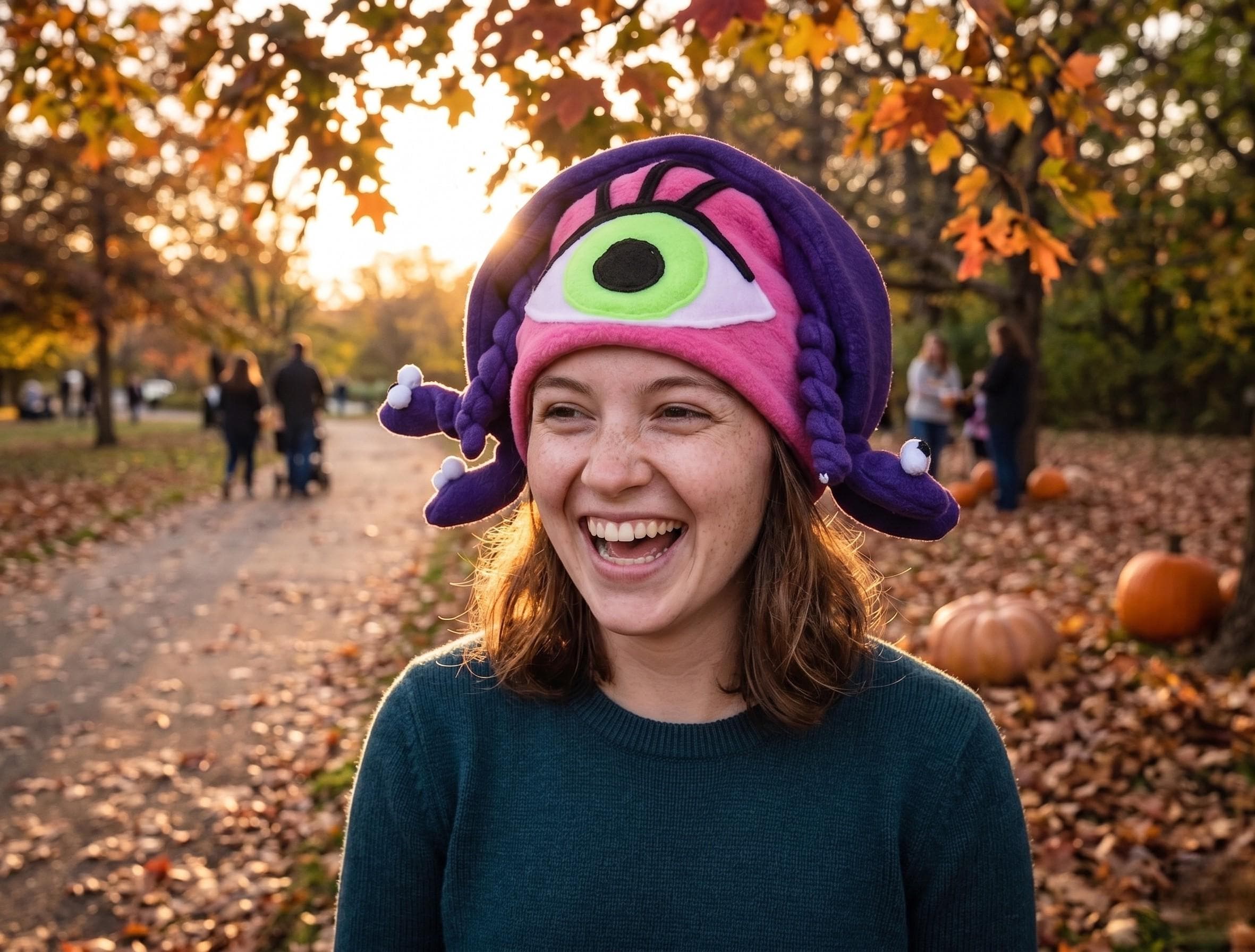 Celia One-Eyed Monster Hat, Pink Applique Eye, Stuffed Snakes, Halloween Cosplay Costume