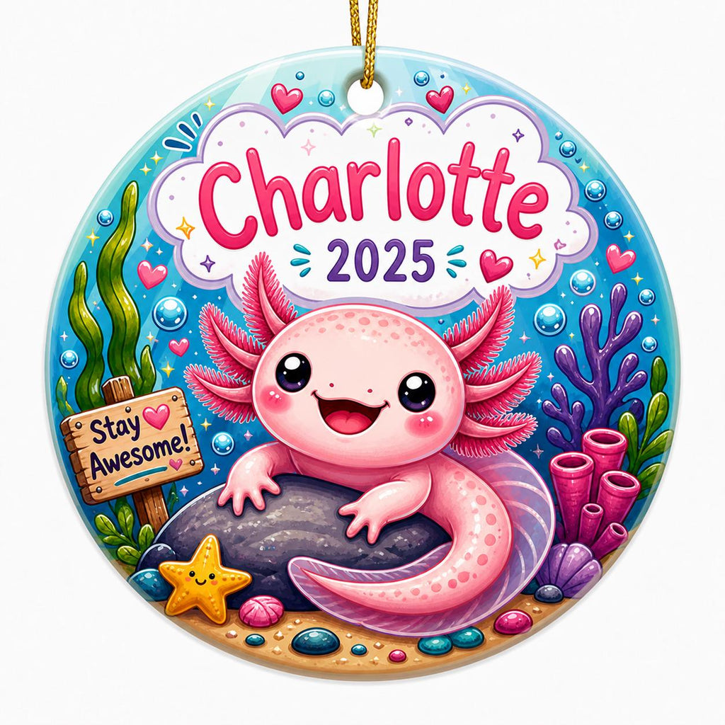 Axolotl Ornament, Pink Sea Creature Keepsake, Custom Name Year DecorPersonalized
