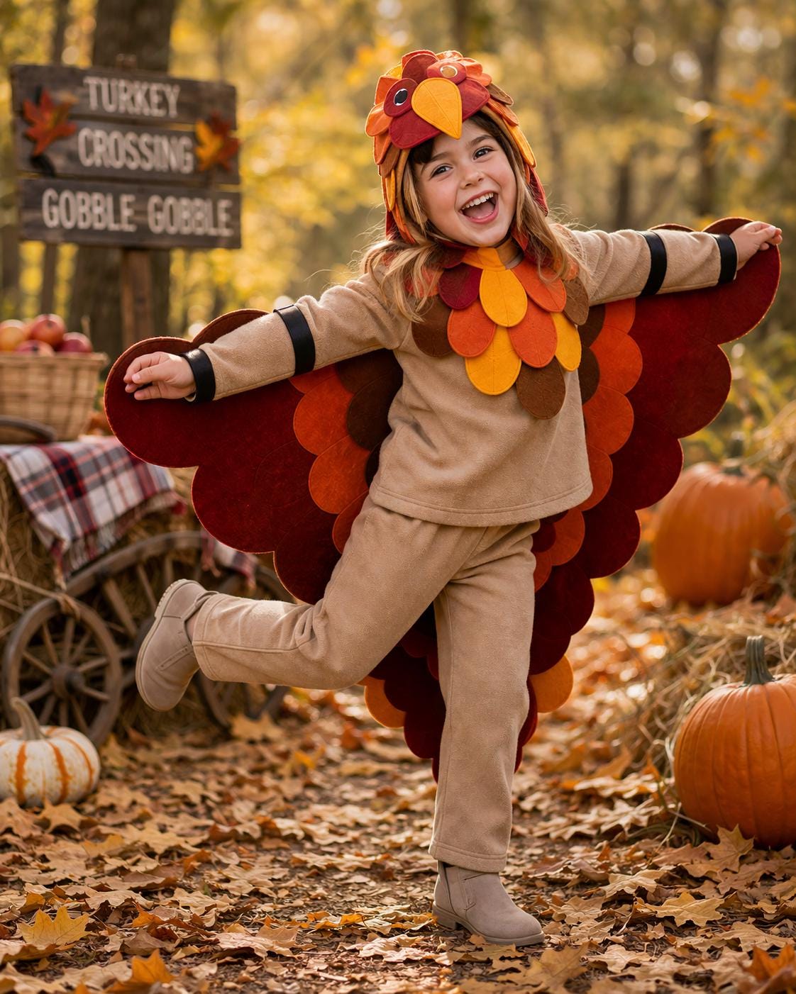 Handmade Turkey Costume Kids, Fleece Thanksgiving Outfit, Fall Dress Up Set, Feather Wings Cape, Toddler Costume, Autumn Outfit