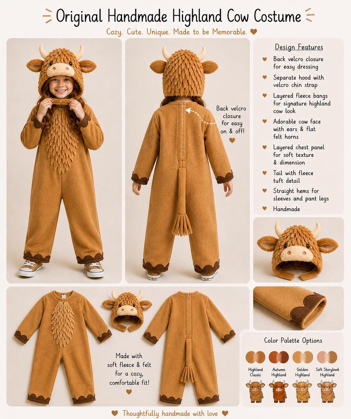 Highland Cow Costume Kids, Handmade Fleece Animal Outfit, Brown Cow Onesie, Farm Costume, Toddler Halloween Costume, Cozy Dress Up