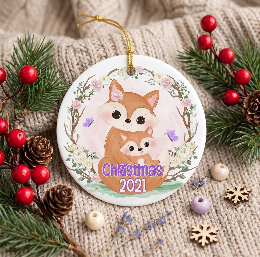 Fox Mother Baby Ornament, Woodland Watercolor Ceramic Keepsake, Personalized Christmas GiftPersonalized