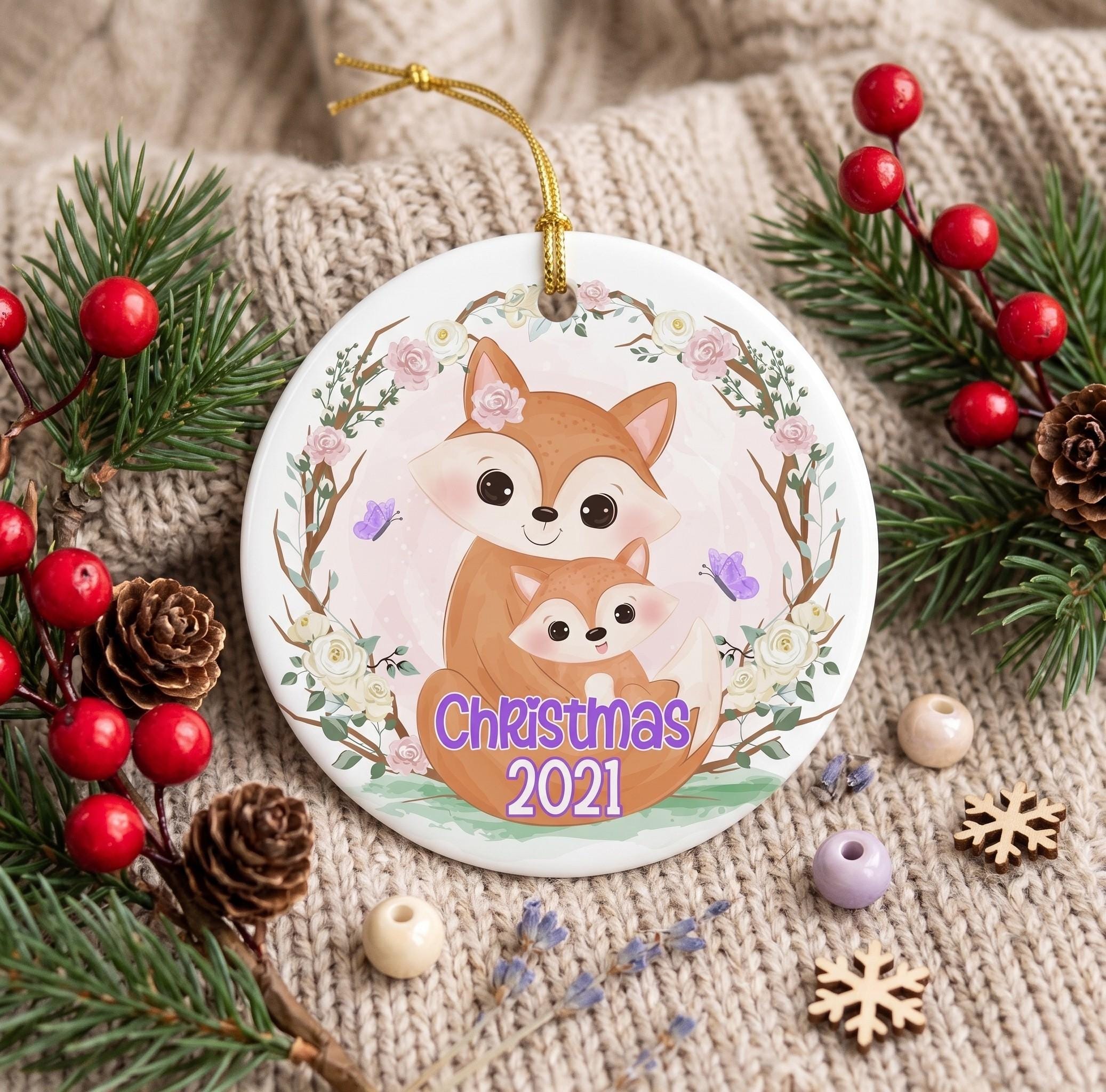 Fox Mother Baby Ornament, Woodland Watercolor Ceramic Keepsake, Personalized Christmas GiftPersonalized