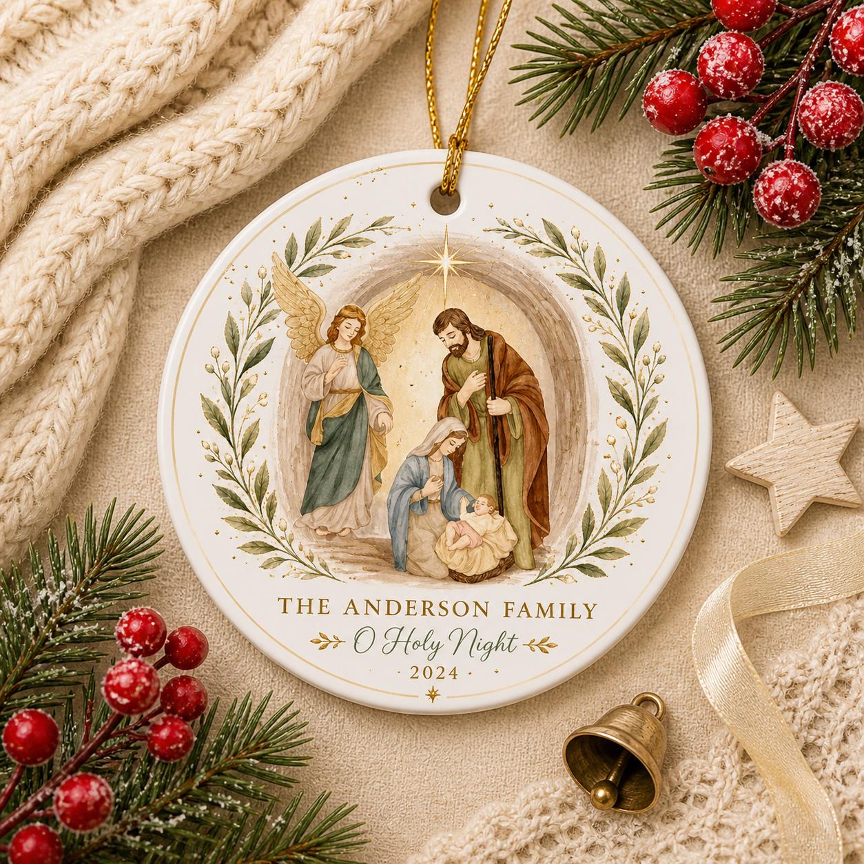 Watercolor Nativity Scene Ornament, Holy Family Christmas Decor, Religious KeepsakePersonalized