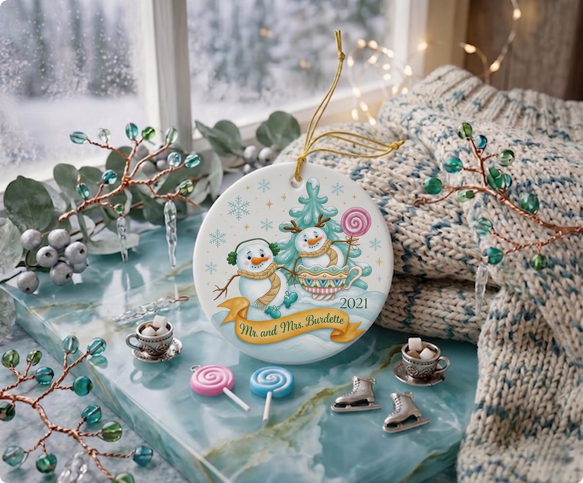 Teacup Snowman Ornament, Whimsical Winter Holiday Ceramic KeepsakePersonalized