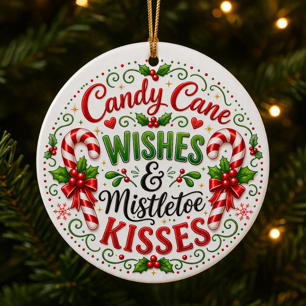 Ceramic Candy Cane Wishes Ornament, Mistletoe Kisses Holiday Decor, Personalized Christmas KeepsakePersonalized