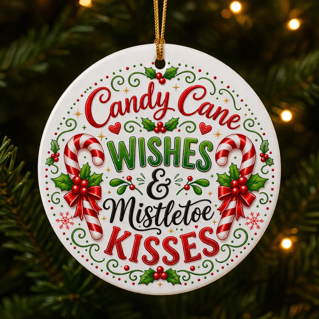 Ceramic Candy Cane Wishes Ornament, Mistletoe Kisses Holiday Decor, Personalized Christmas KeepsakePersonalized
