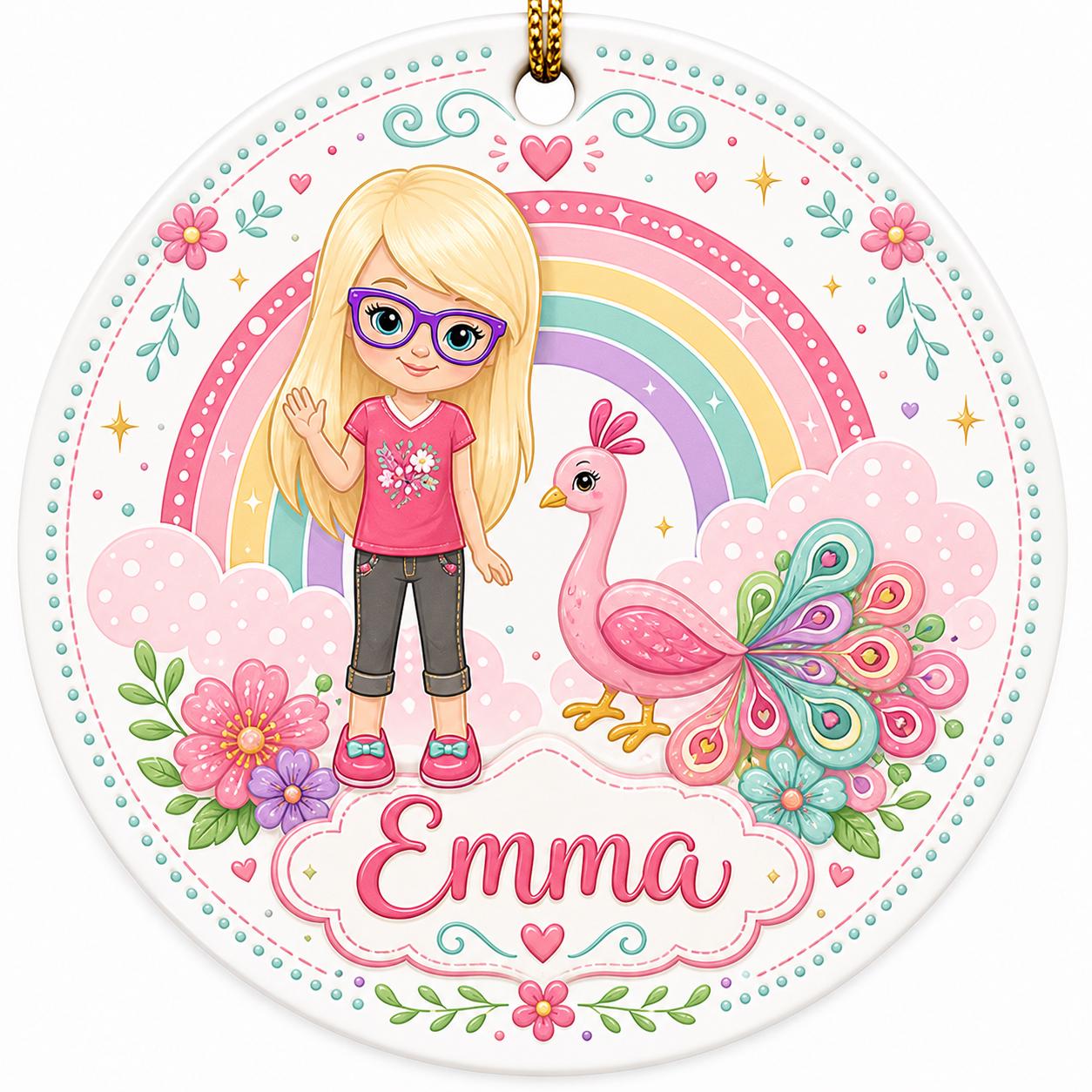 Girl Peacock Ornament, Custom Name Floral Ceramic Keepsake, Whimsical Garden DecorPersonalized