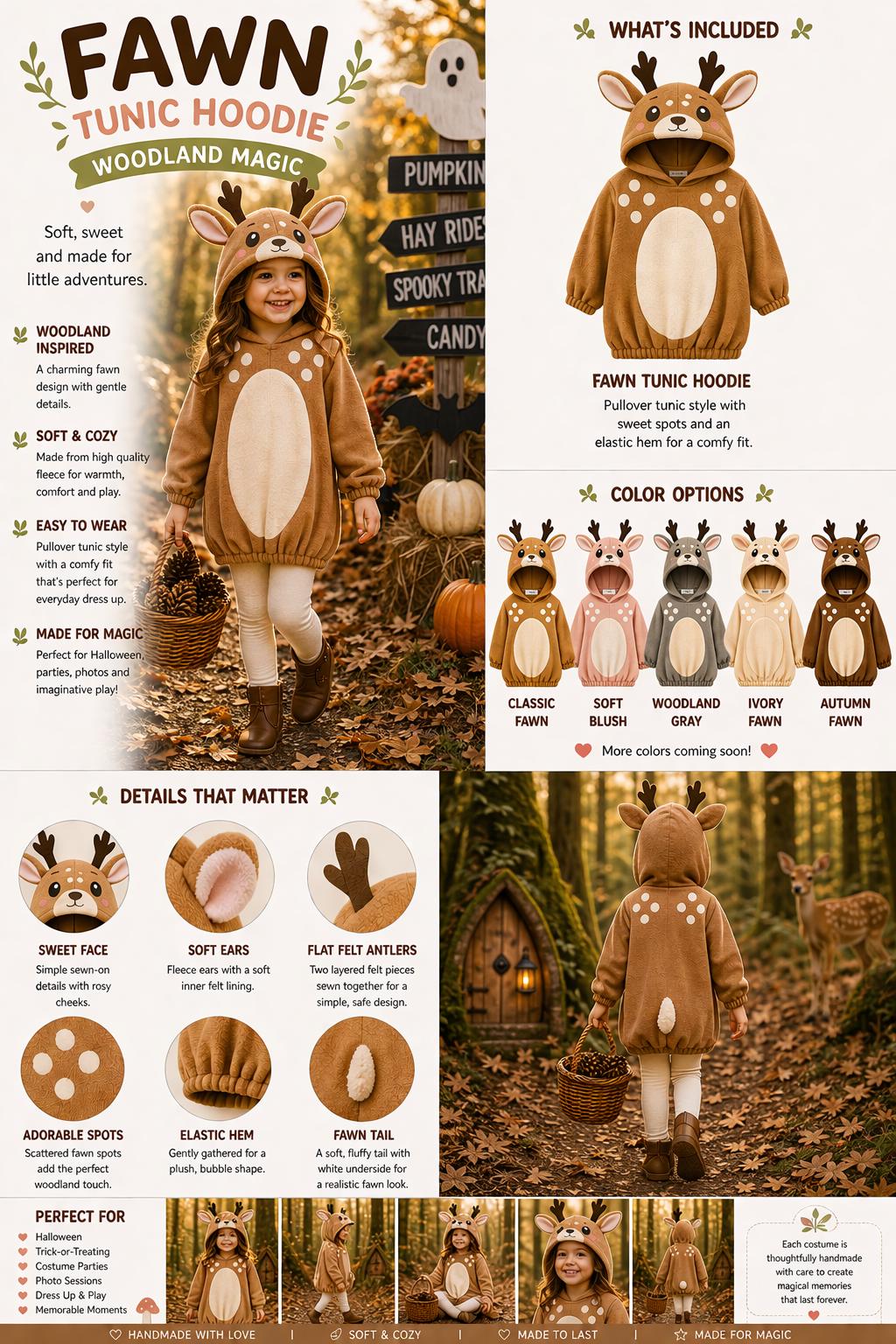 Fawn Costume Kids, Deer Tunic Hoodie Costume, Woodland Animal Costume, Handmade Halloween Costume, Cozy Fawn Outfit