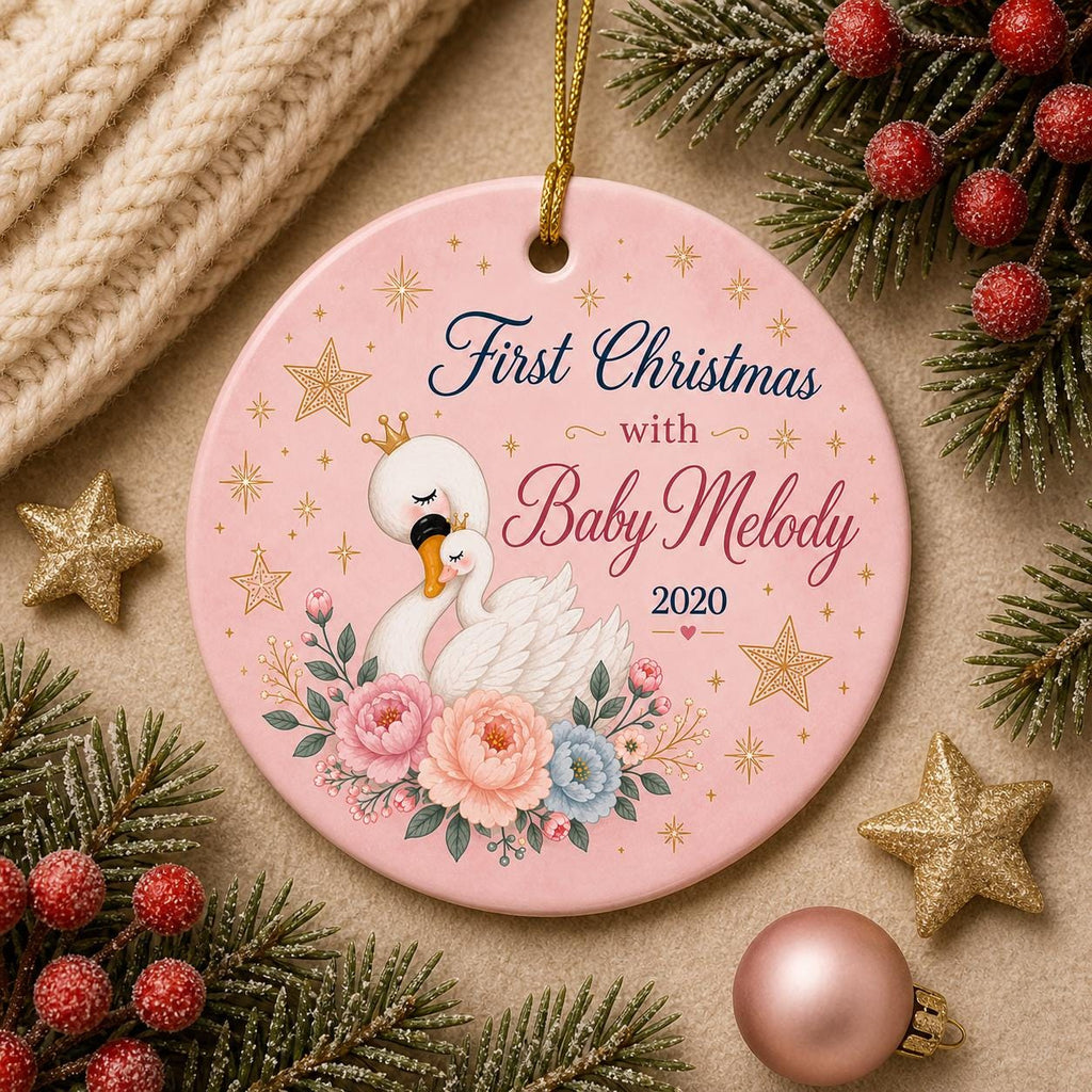 Swan Princess Ornament, Pink Floral Keepsake, Baby's First ChristmasPersonalized
