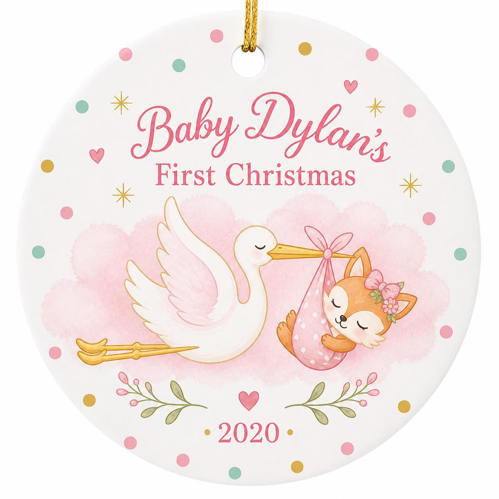 Stork Fox Baby's First Christmas Ornament, Ceramic Newborn Keepsake, Nursery DecorPersonalized