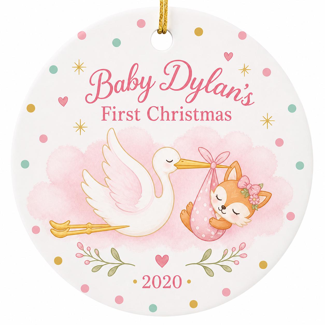 Stork Fox Baby's First Christmas Ornament, Ceramic Newborn Keepsake, Nursery DecorPersonalized