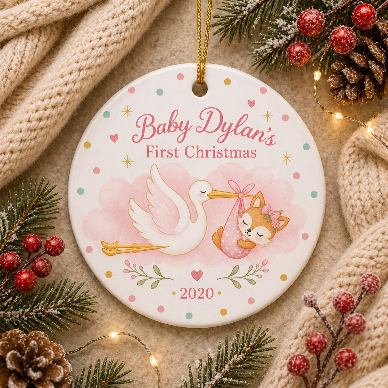 Stork Fox Baby's First Christmas Ornament, Ceramic Newborn Keepsake, Nursery DecorPersonalized